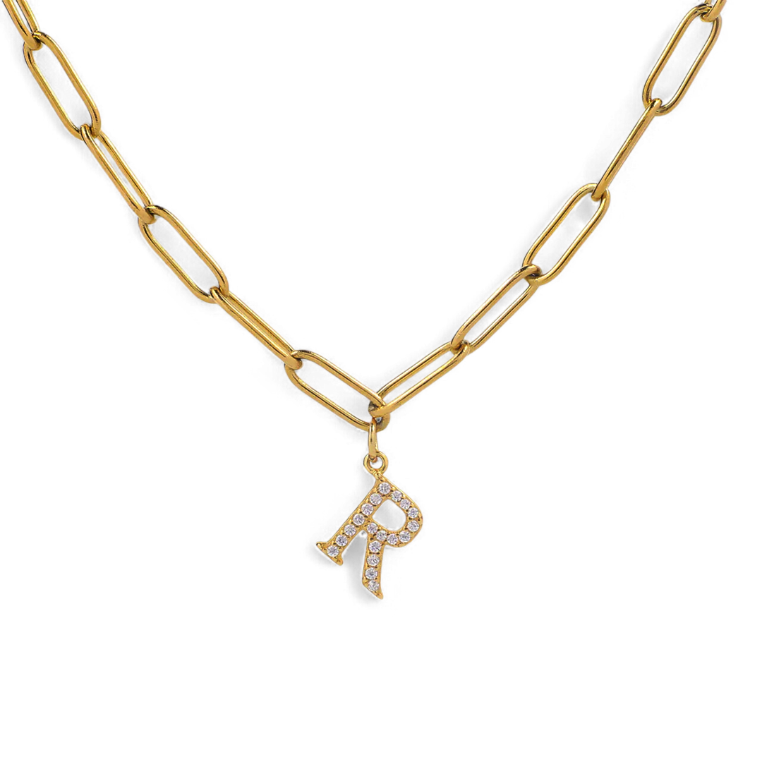 Diamond Letter Pendant Necklace with Paperclip Chain