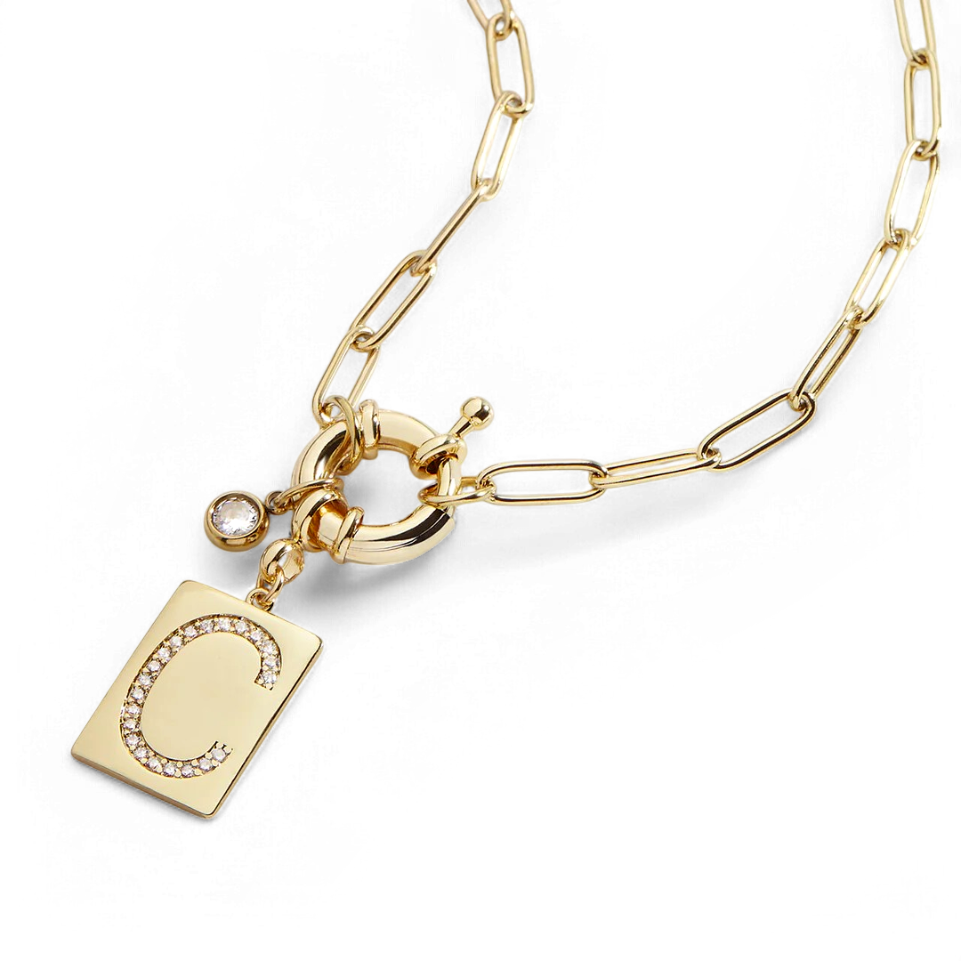 Halskette mit Pavé-Anhänger und Büroklammerkette