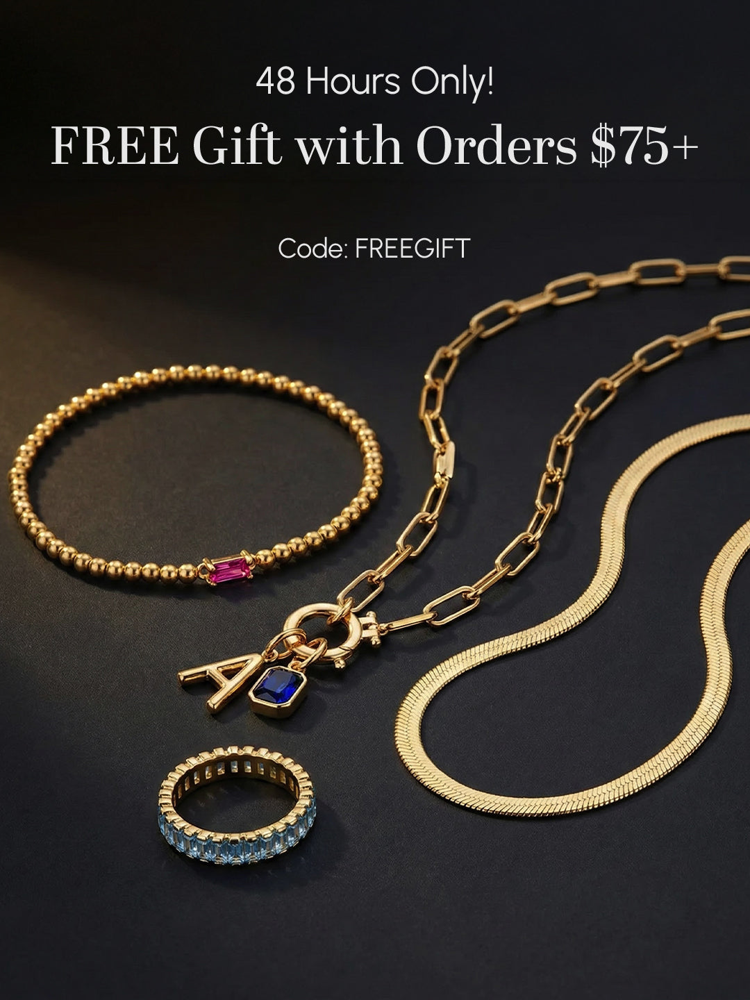 Gold jewelry set including necklace, bracelet, and ring on a black background with promotional text.