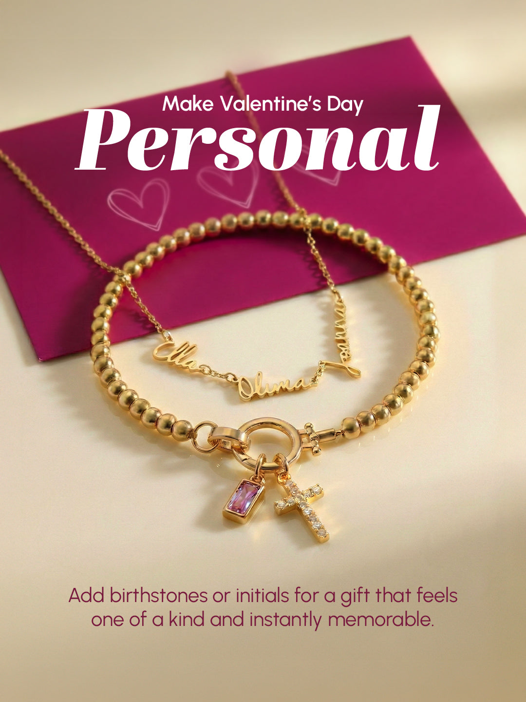 Gold bracelet with charms on a beige background with text about Valentine's Day.