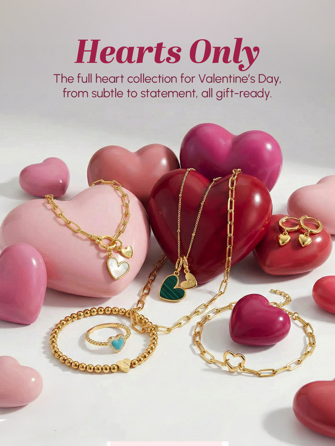 Heart-shaped jewelry and pink heart-shaped stones on a white background with 'Hearts Only' text.