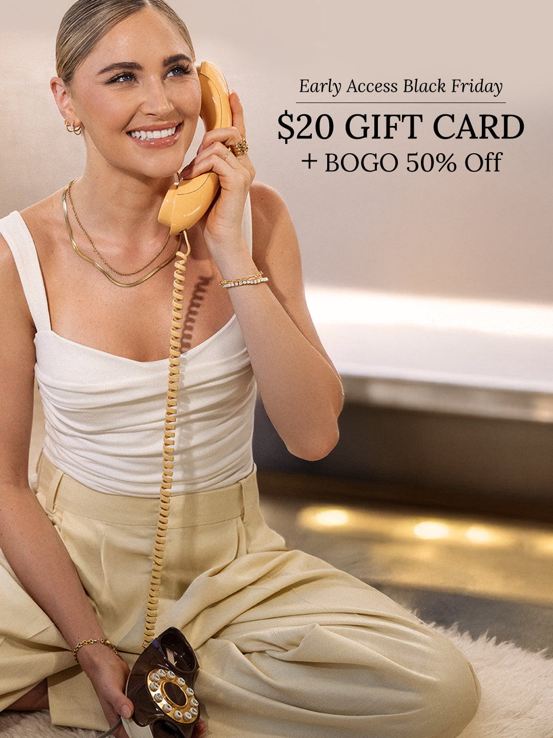 Woman holding a vintage phone with promotional text for early access Black Friday offer.