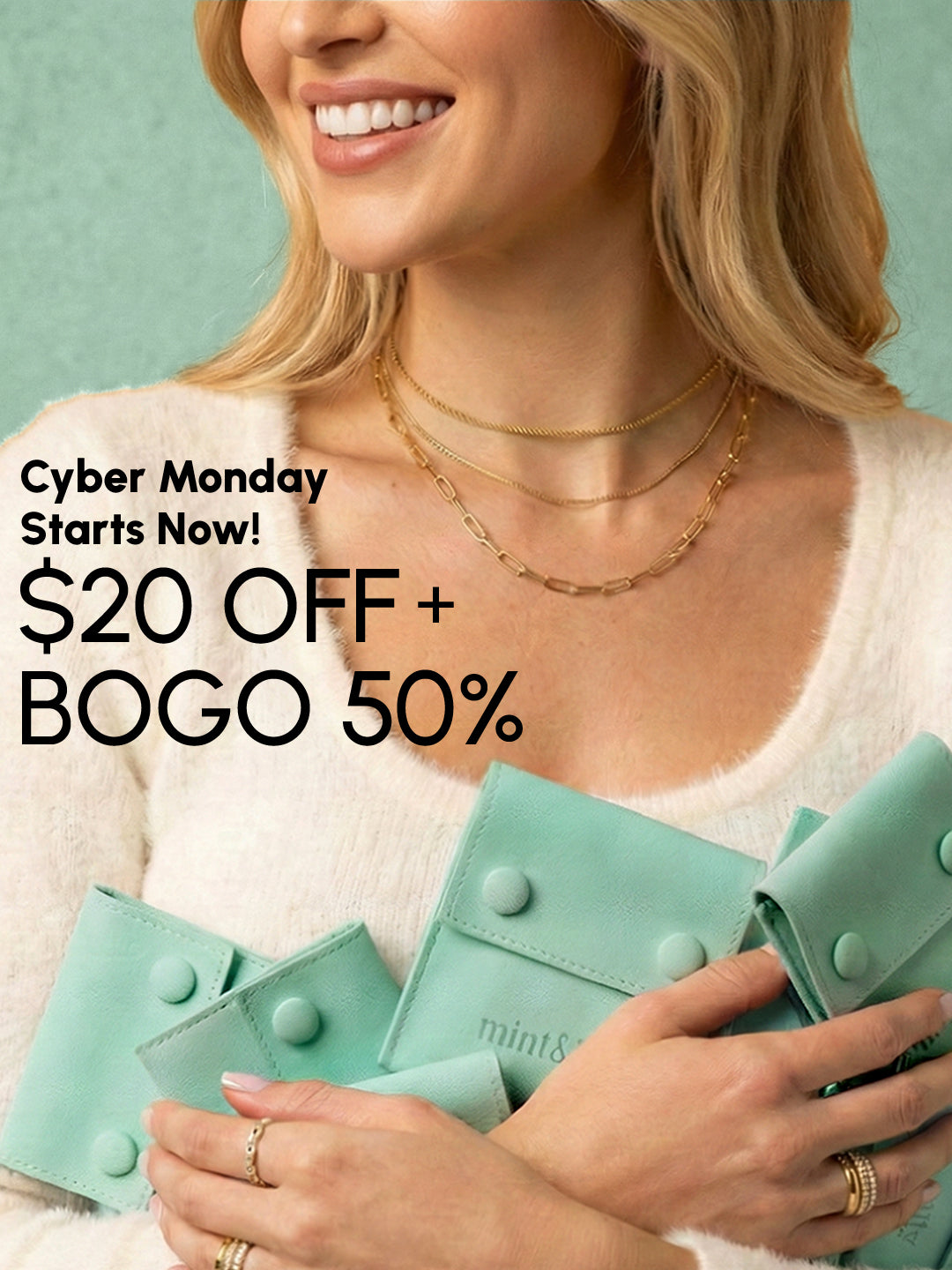 Woman holding green wallets with promotional text for Cyber Monday sale.