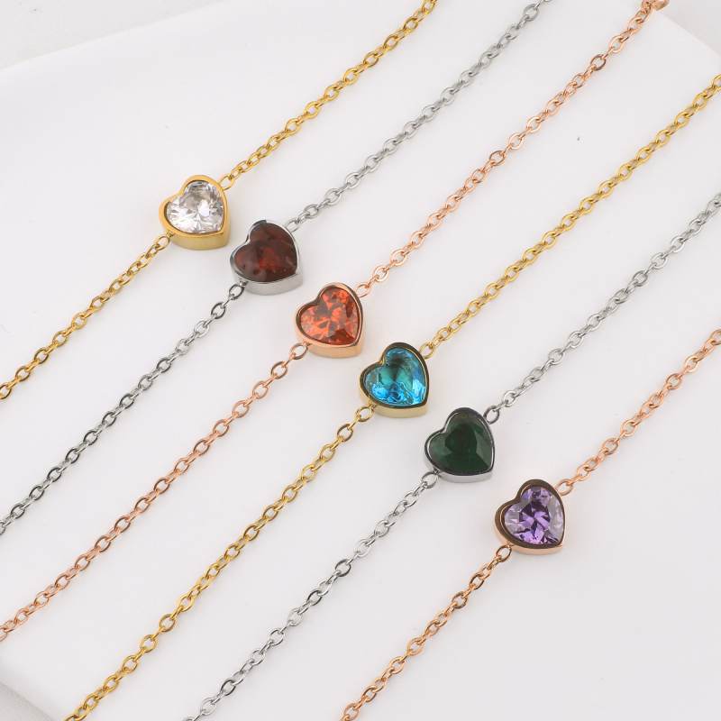 Dainty Heart Birthstone Bracelet - Silver / July