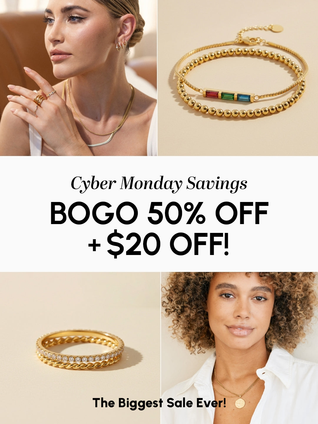 Promotional advertisement for Cyber Monday savings on jewelry with two women wearing gold bracelets.