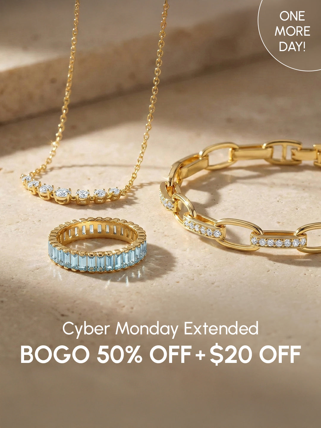 Gold jewelry including a necklace, ring, and bracelet on a beige surface with Cyber Monday extended offer text.