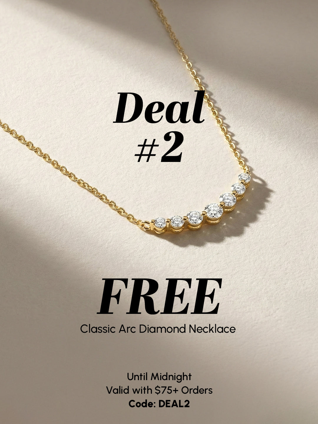 Gold necklace with diamonds on a beige background, promotional text for a free necklace offer.