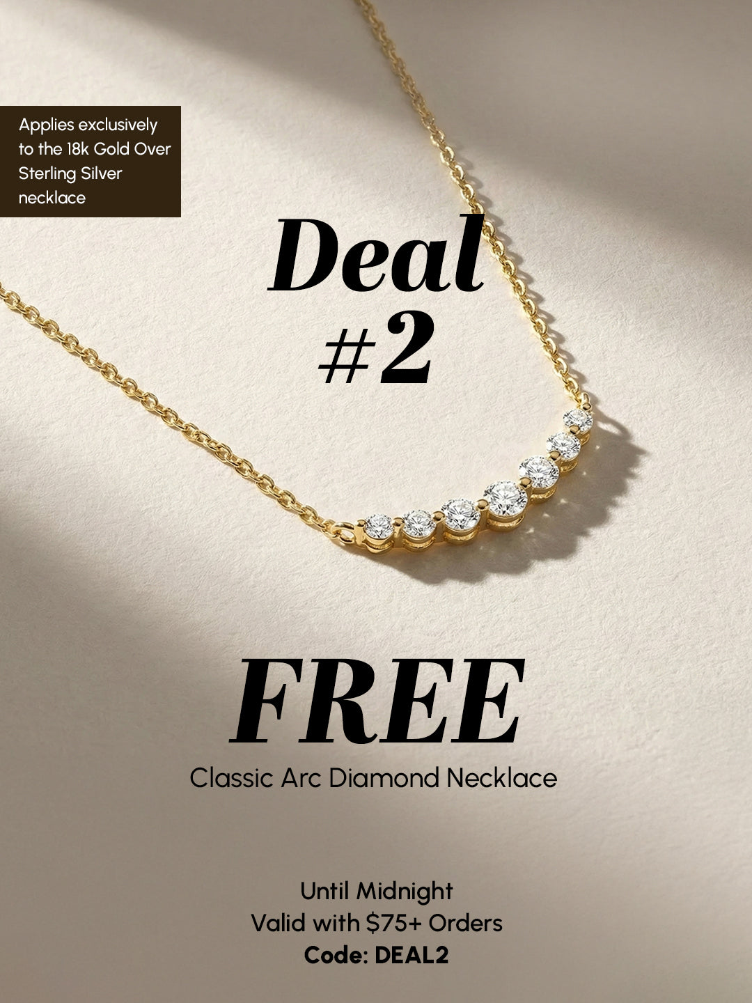 Gold necklace with diamond accents on a beige background, promotional text for a free necklace offer.