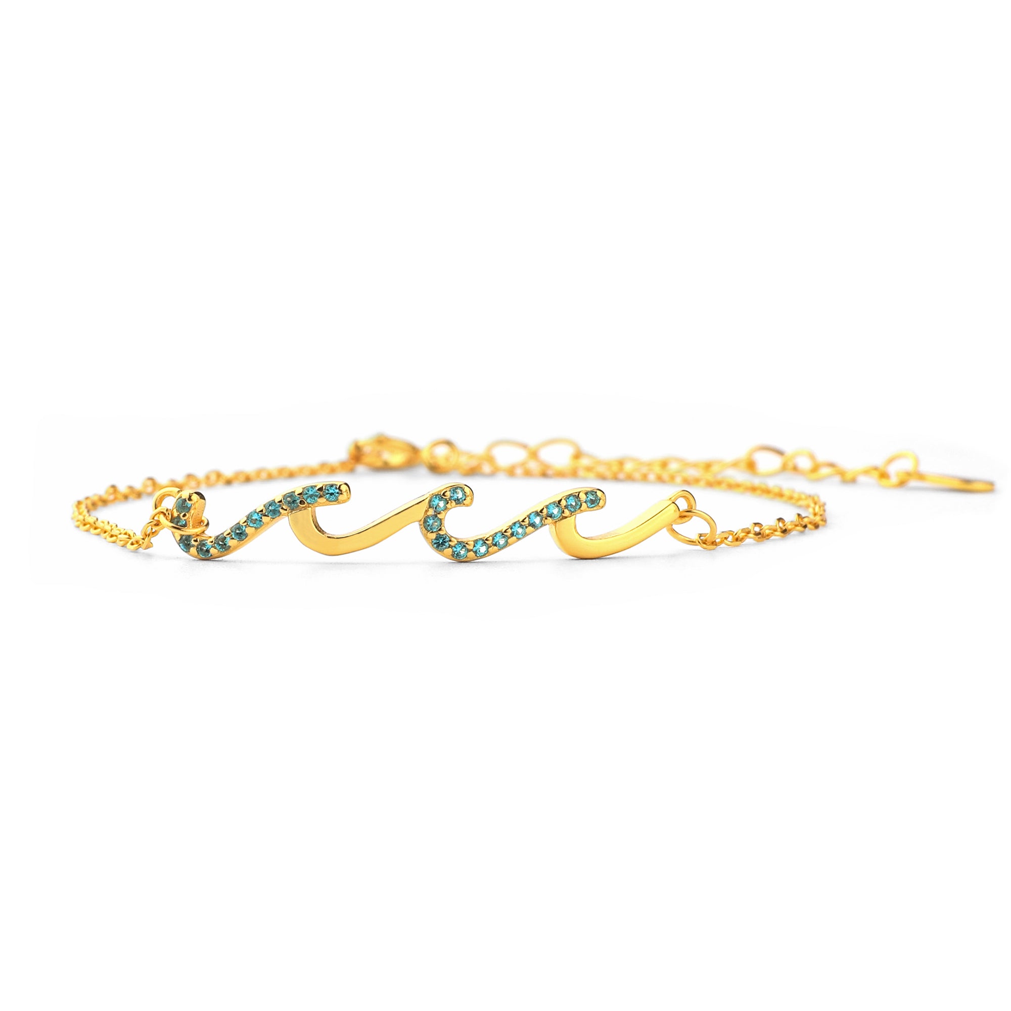 A gold-colored triple wave friendship bracelet with sparkling accents on a white background.