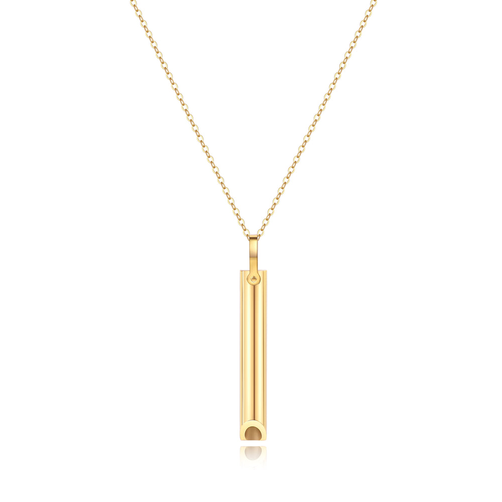 A gold-colored stainless steel necklace with a high polish finish, featuring a minimalist design with a pendant support.
