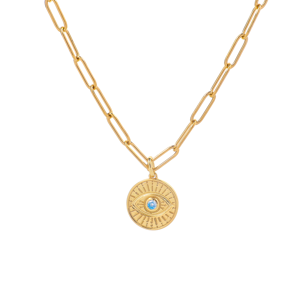 Evil Eye Coin Pendant Necklace with Paperclip Chain - 18k Gold Over Sterling Silver