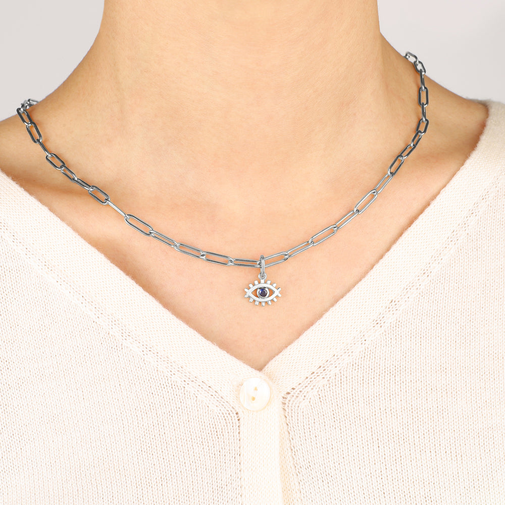 Evil Eye Charm Pendant Necklace with Paperclip Chain - 925 Sterling Silver