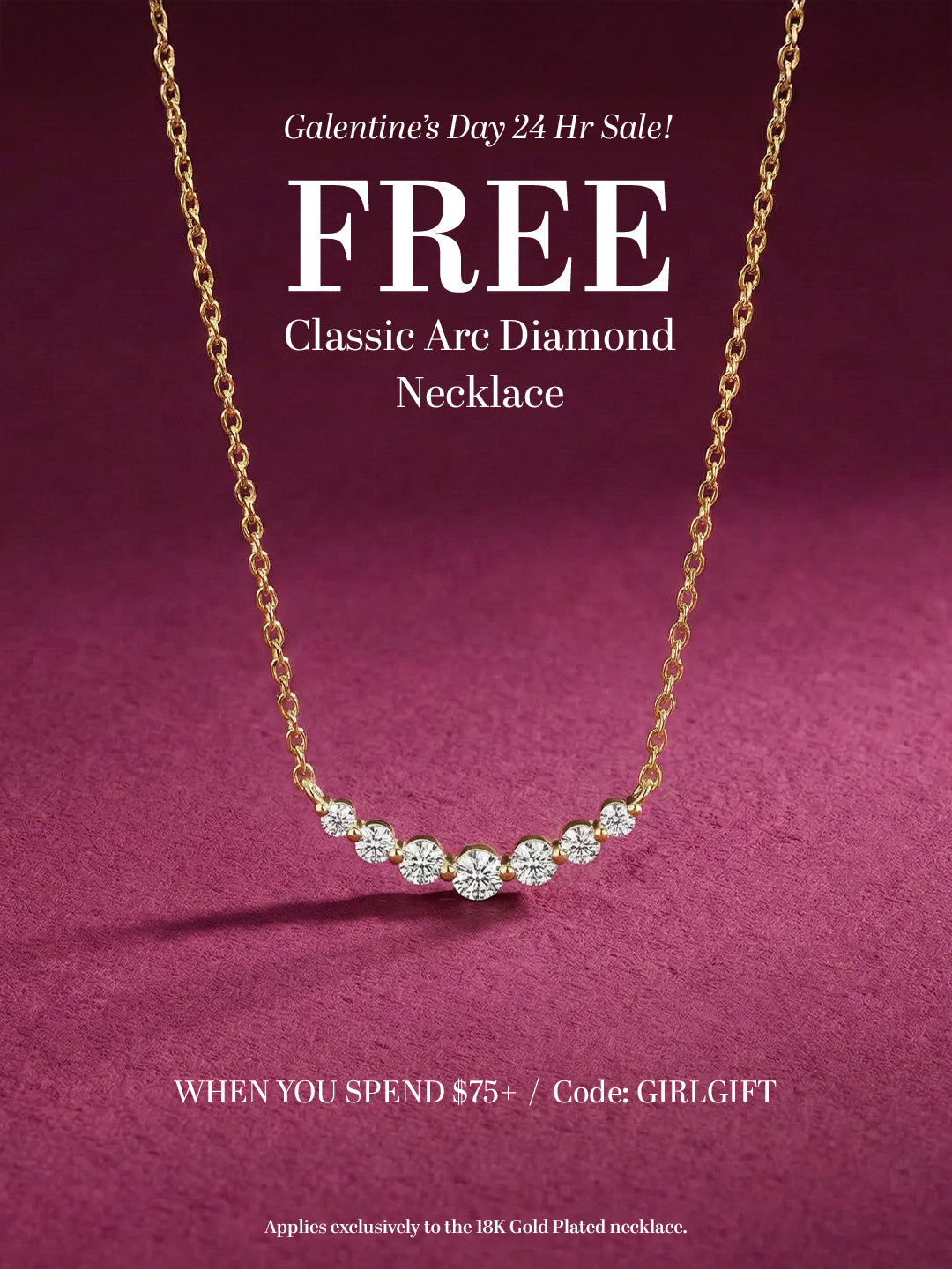 Promotional image of a gold necklace with diamonds on a purple background, advertising a free necklace offer for a Valentine's Day sale.