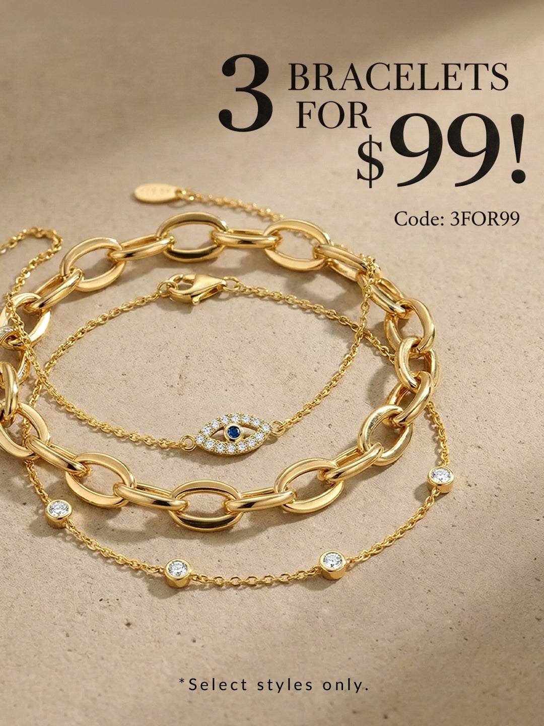 Three gold bracelets with a promotional offer on a beige background