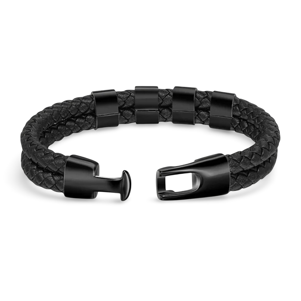 Black braided leather bracelet with black metal clasp on a light gray background