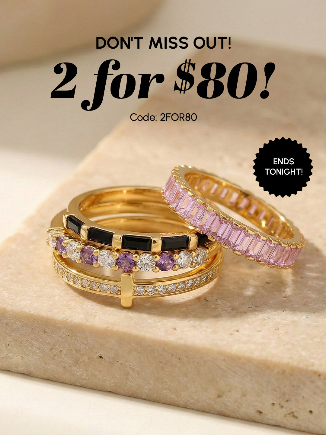 Three gold rings with different designs on a beige surface, promotional text overlay.