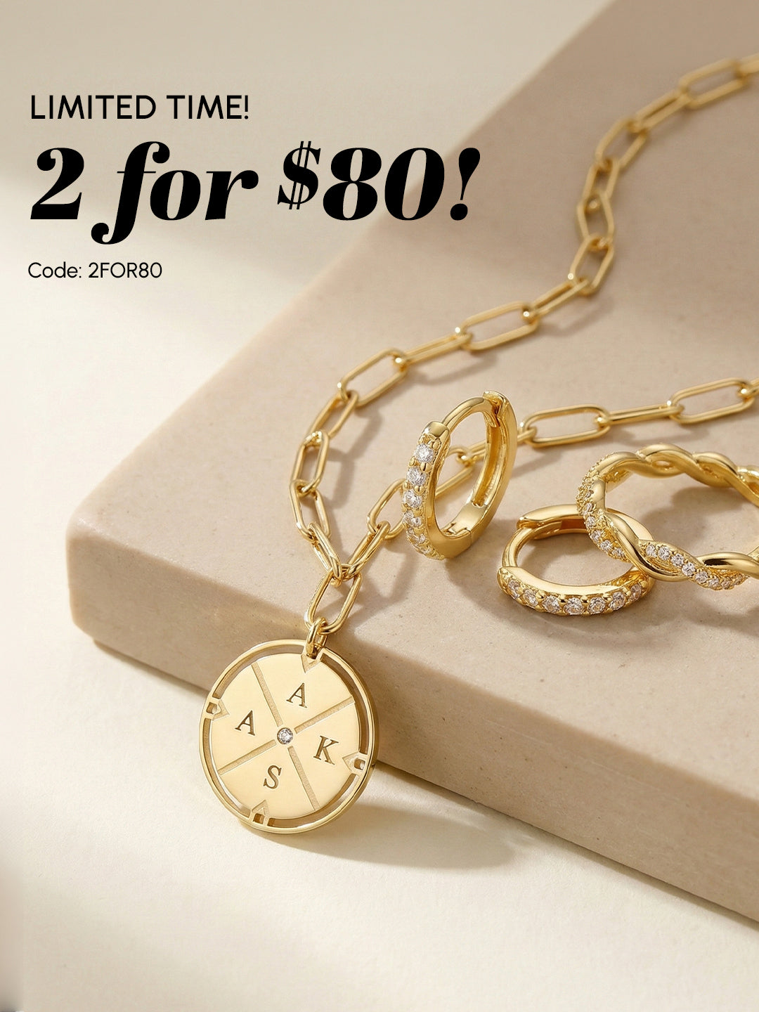 Gold jewelry set with necklace and rings on a beige surface, featuring a limited-time offer.
