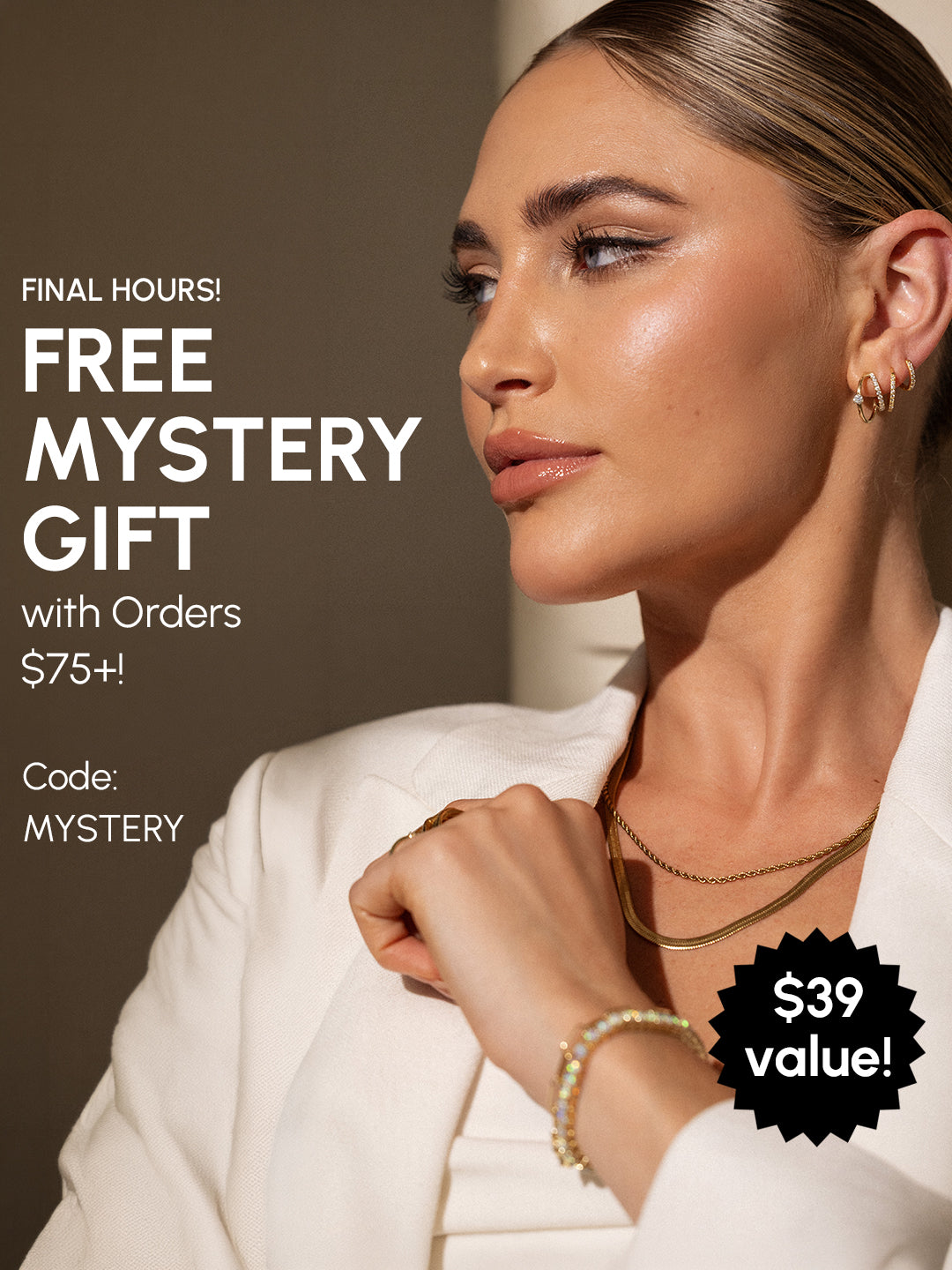 Woman wearing gold jewelry with promotional text for a free mystery gift offer.