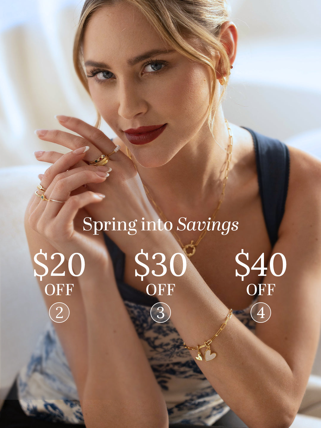 Woman wearing gold jewelry with text overlay indicating savings on purchases.