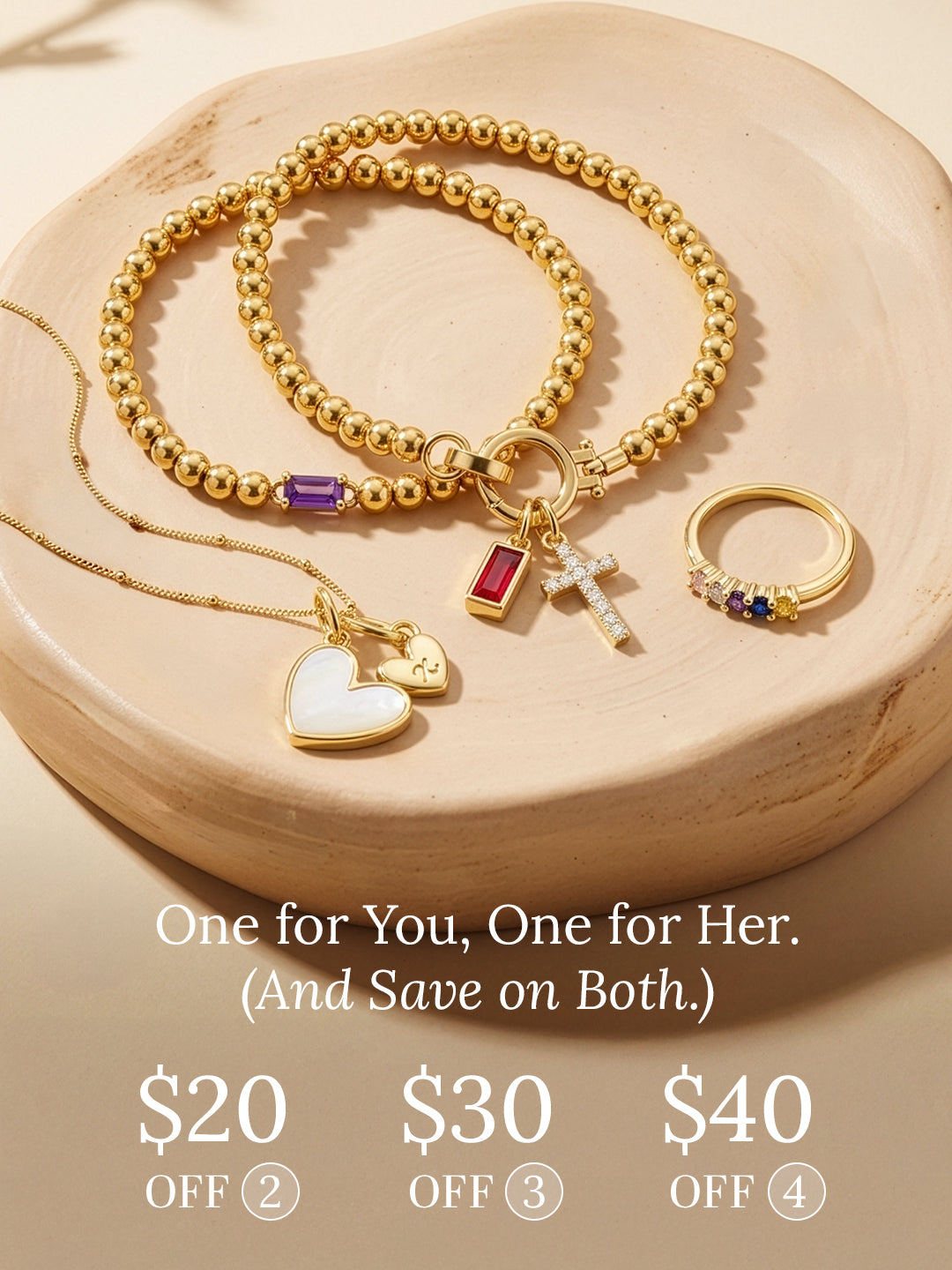 Gold jewelry set including necklace, bracelet, ring, and pendant on a beige background with promotional text.