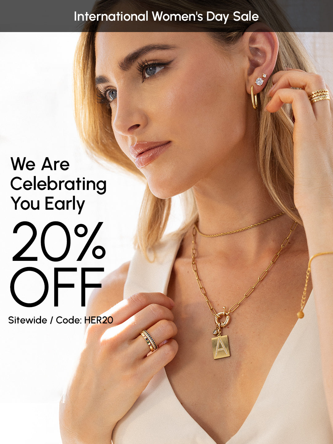 Woman wearing gold jewelry with International Women's Day Sale text overlay