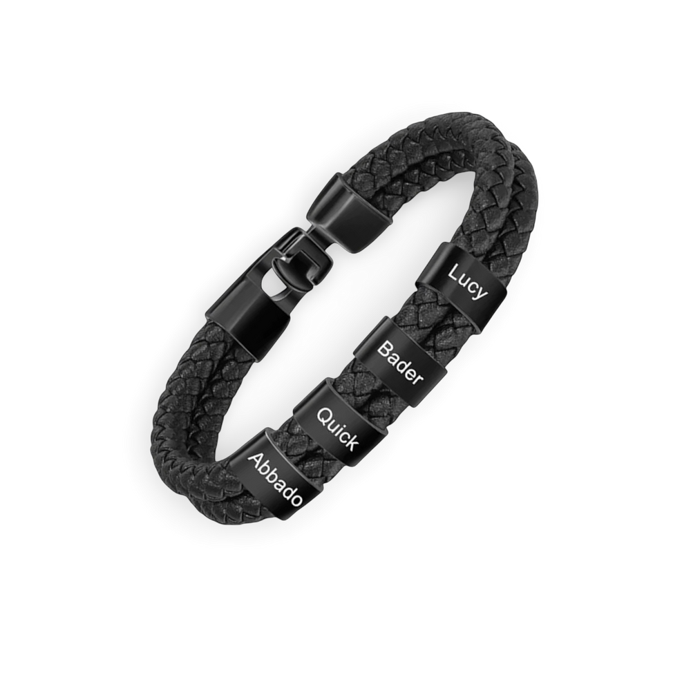Black braided bracelet with engraved names on a white background