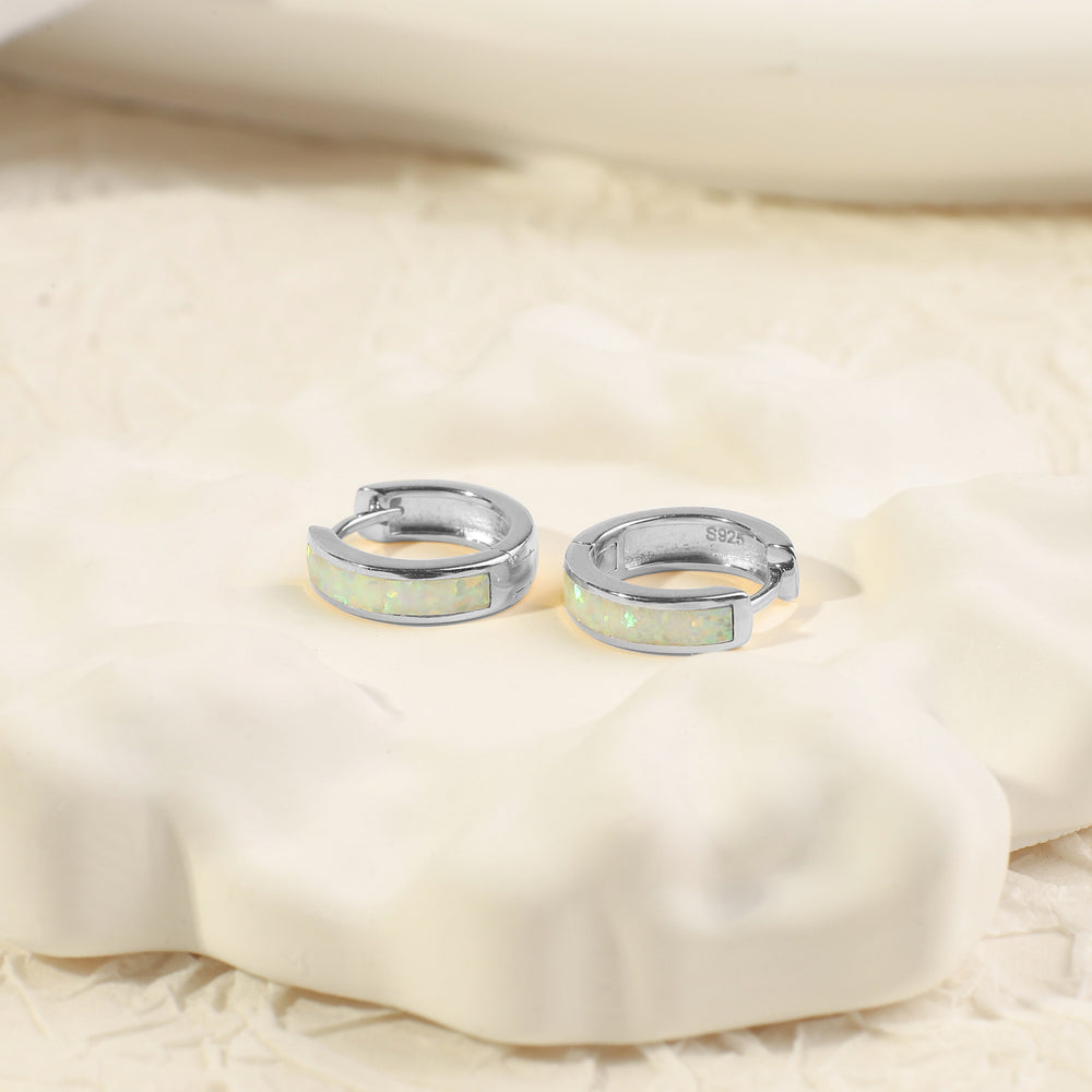 Opal Inlay Huggie Hoop Earrings - 925 Sterling Silver / Green