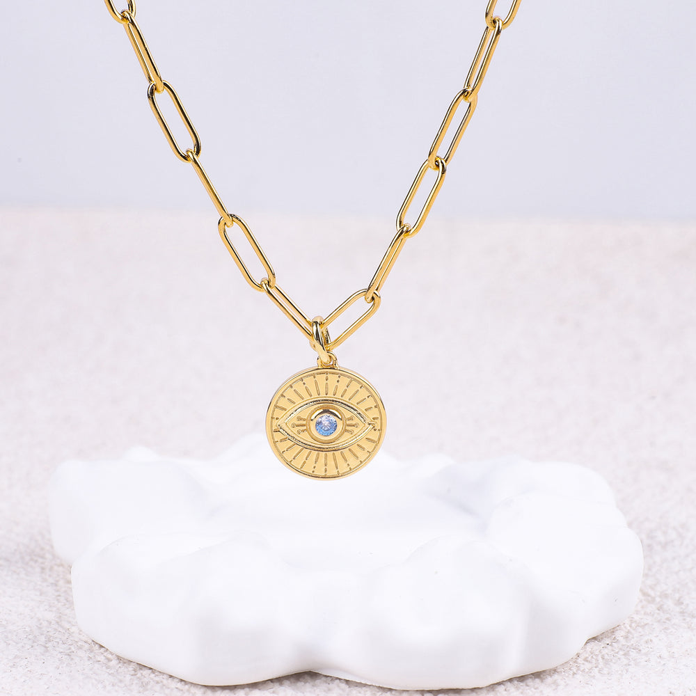 Evil Eye Coin Pendant Necklace with Paperclip Chain - 18k Gold Over Sterling Silver