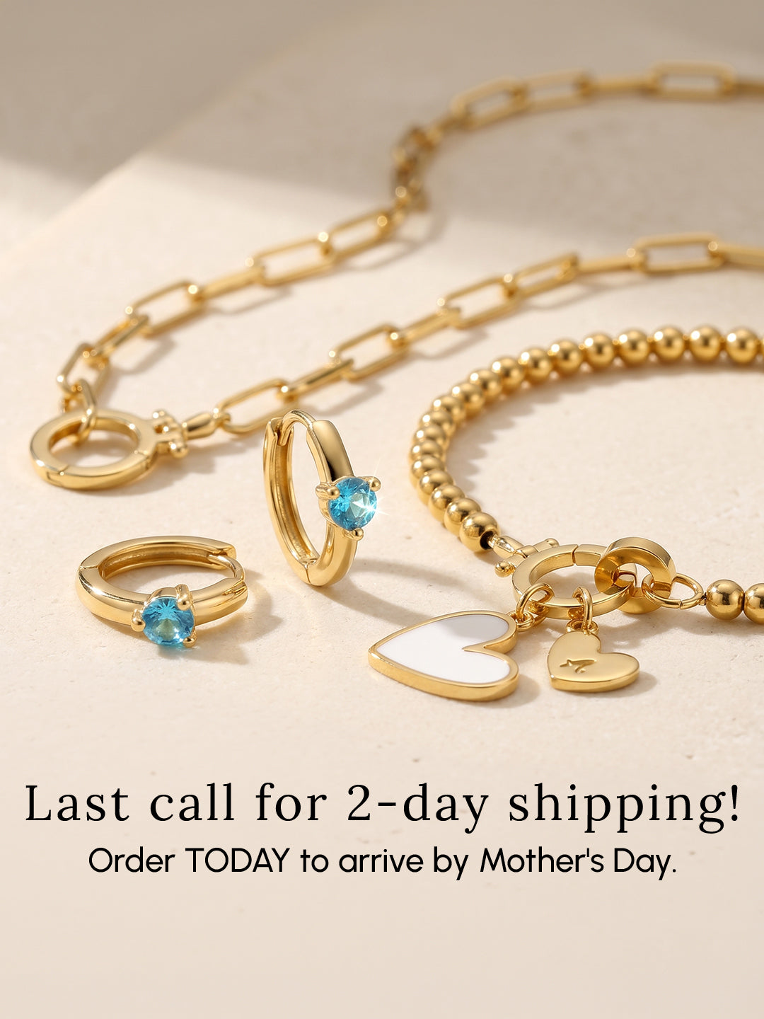 Gold jewelry set with rings and a bracelet on a beige background, featuring text about shipping urgency.