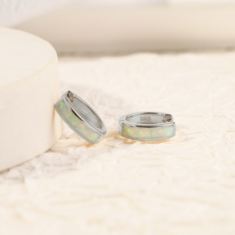 Opal Inlay Huggie Hoop Earrings - 925 Sterling Silver / Green