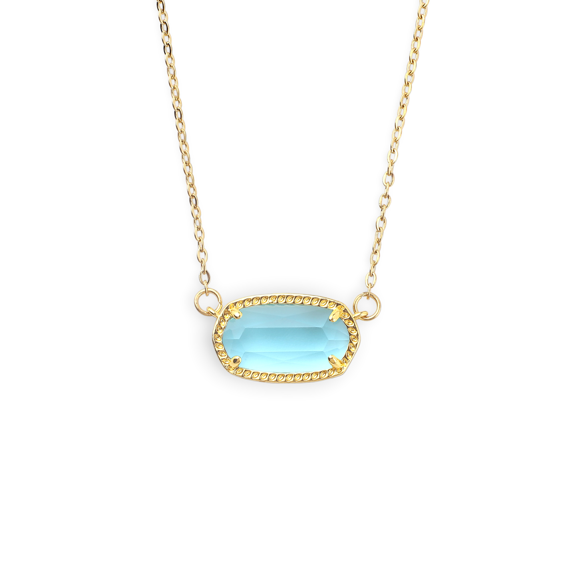 A gold-plated oval birthstone pendant necklace with a red gemstone set on a chain against a black background.
