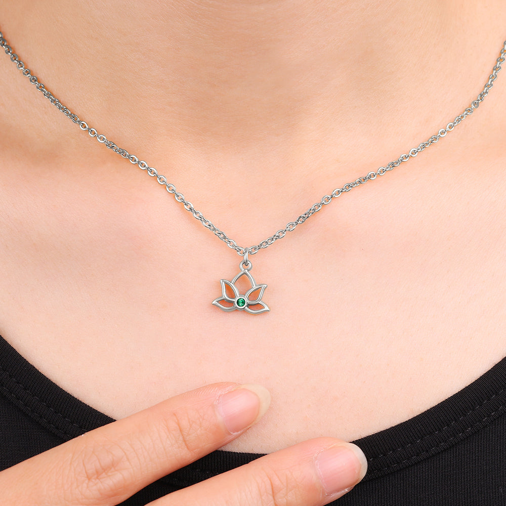 Mini Lotus Birthstone Pendant Necklace - Silver / October Pink Tourmaline