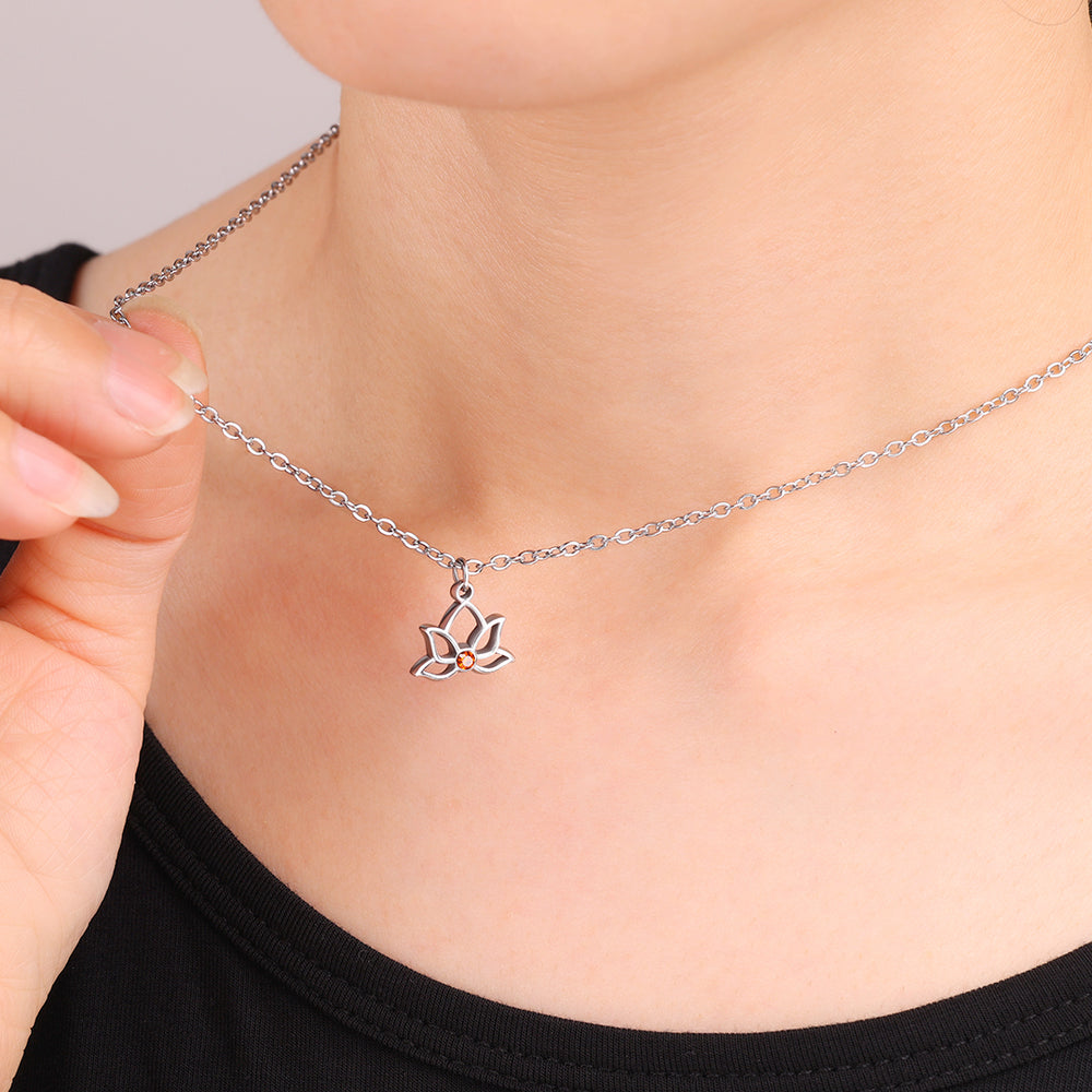 Mini Lotus Birthstone Pendant Necklace - Silver / October Pink Tourmaline