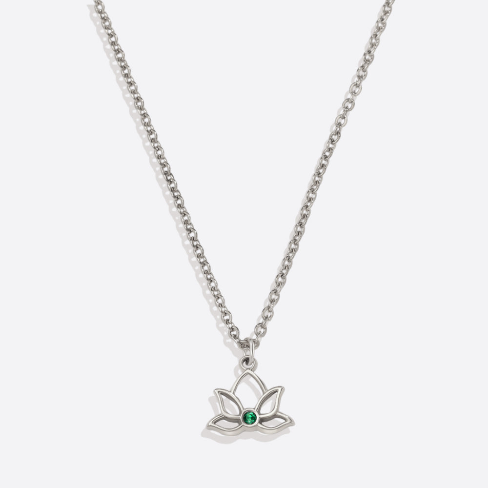 Mini Lotus Birthstone Pendant Necklace - Silver / October Pink Tourmaline