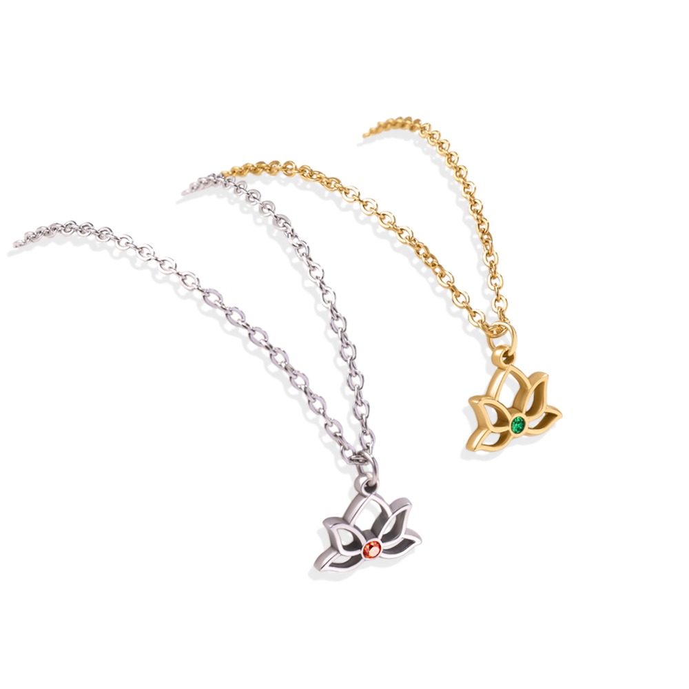 Mini Lotus Birthstone Pendant Necklace - 18k Gold Plated / January Garnet