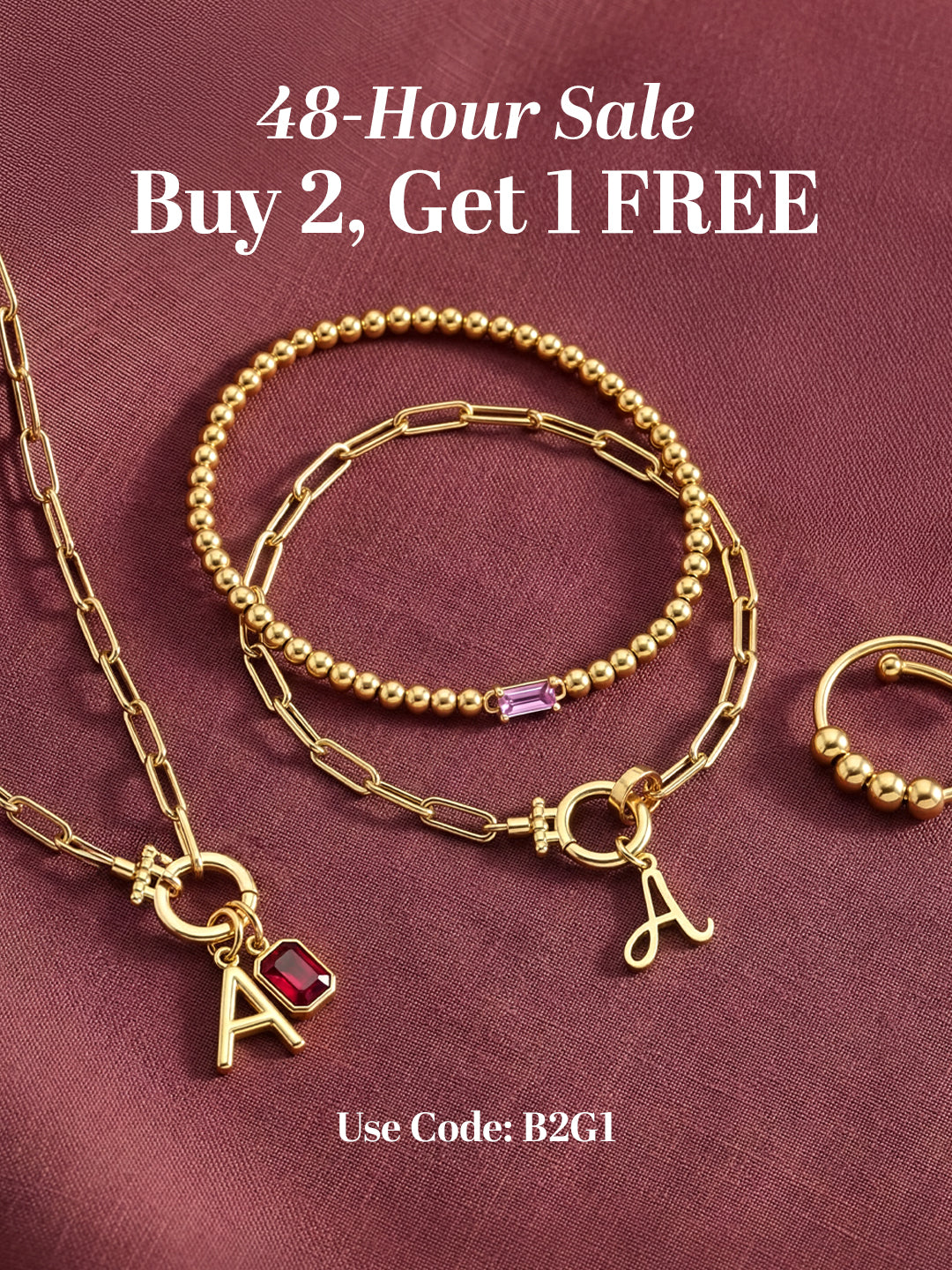 Gold jewelry set with charms on a maroon background, promotional text overlay.