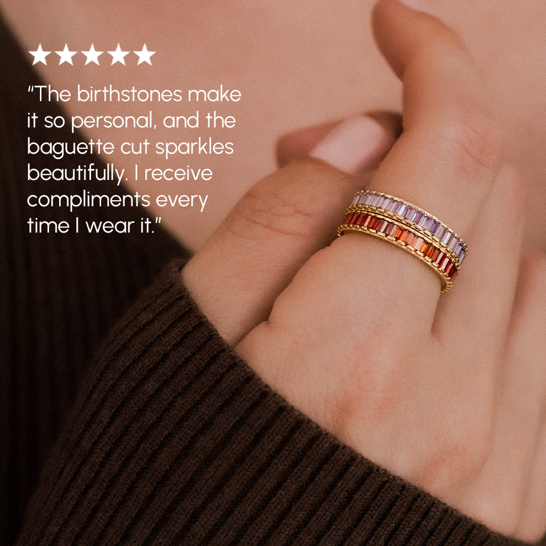 Hand wearing a colorful ring with birthstone stones, text overlay about personalization and sparkle.