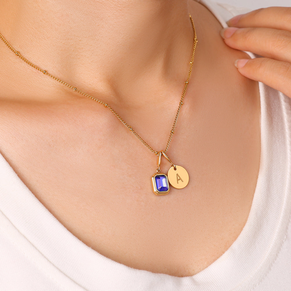 Baguette Birthstone & Initial Necklace - Gold / September Sapphire