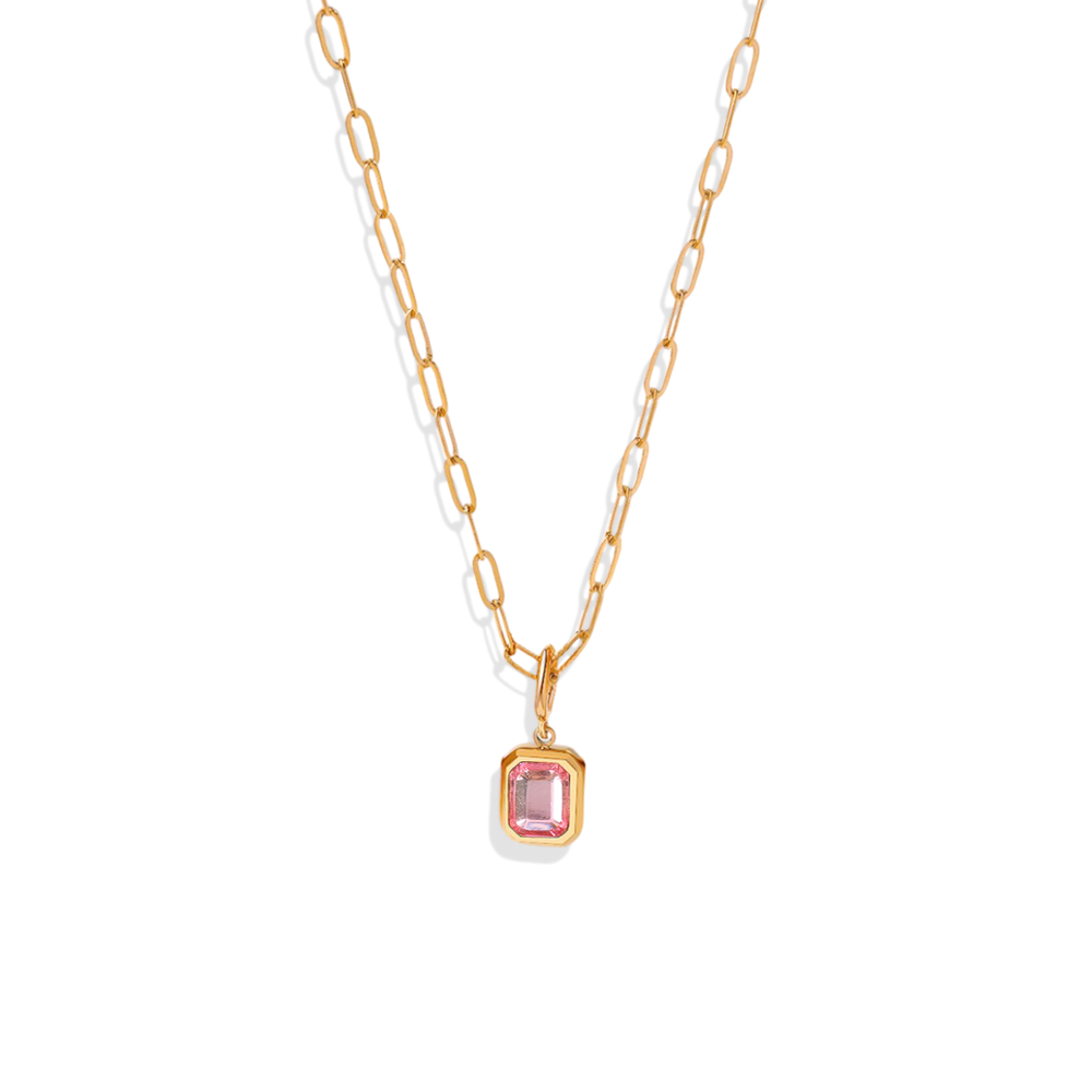 Baguette Birthstone Necklace - October Pink Tourmaline / 16"