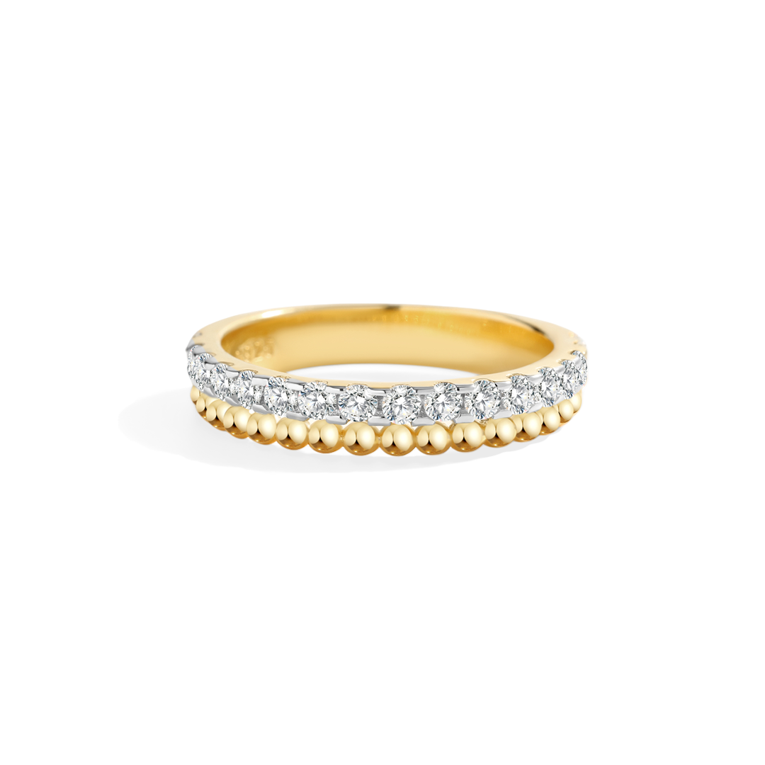 Gold ring with embedded diamonds on a white background