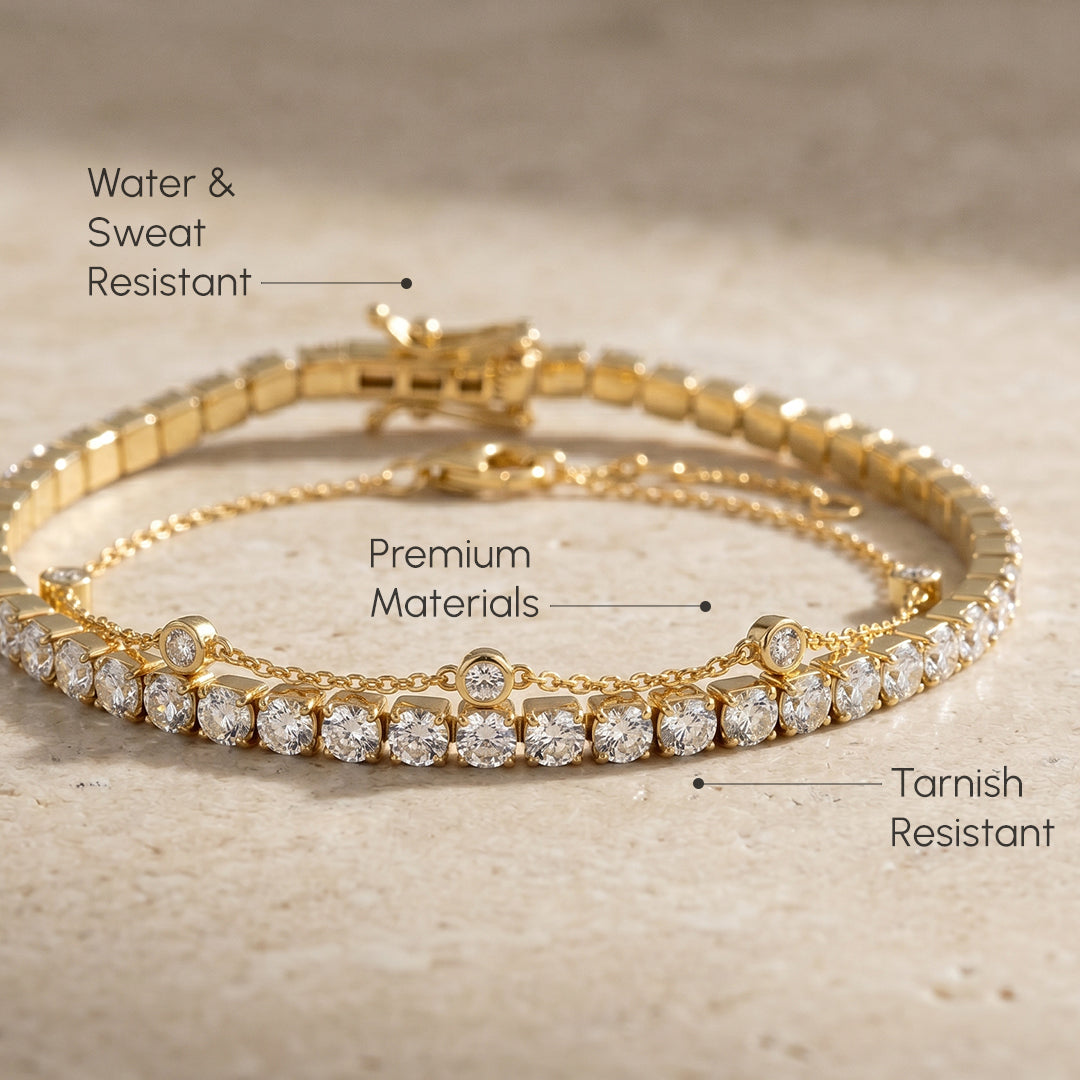 Gold bracelet with diamond accents on a textured surface, labeled for features.