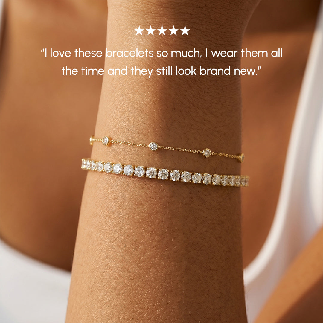 Gold and diamond bracelet on a wrist with a five-star rating and customer review text.