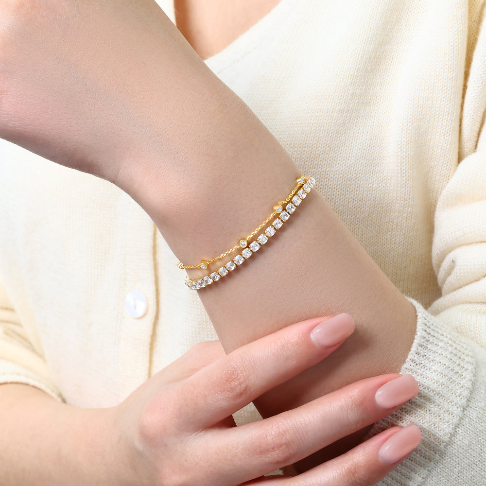 Bezel Set Bracelet and Tennis Bracelet Bundle - Gold / 7
