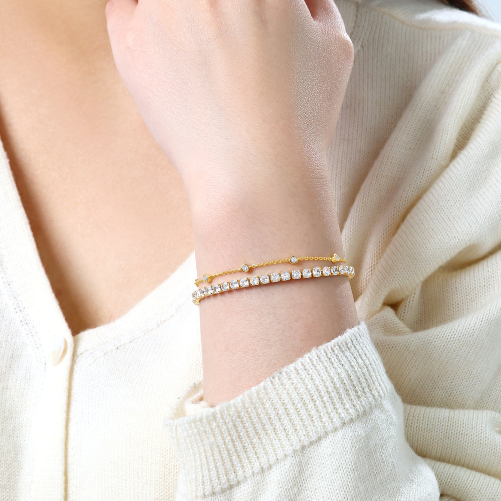 Bezel Set Bracelet and Tennis Bracelet Bundle - Gold / 7