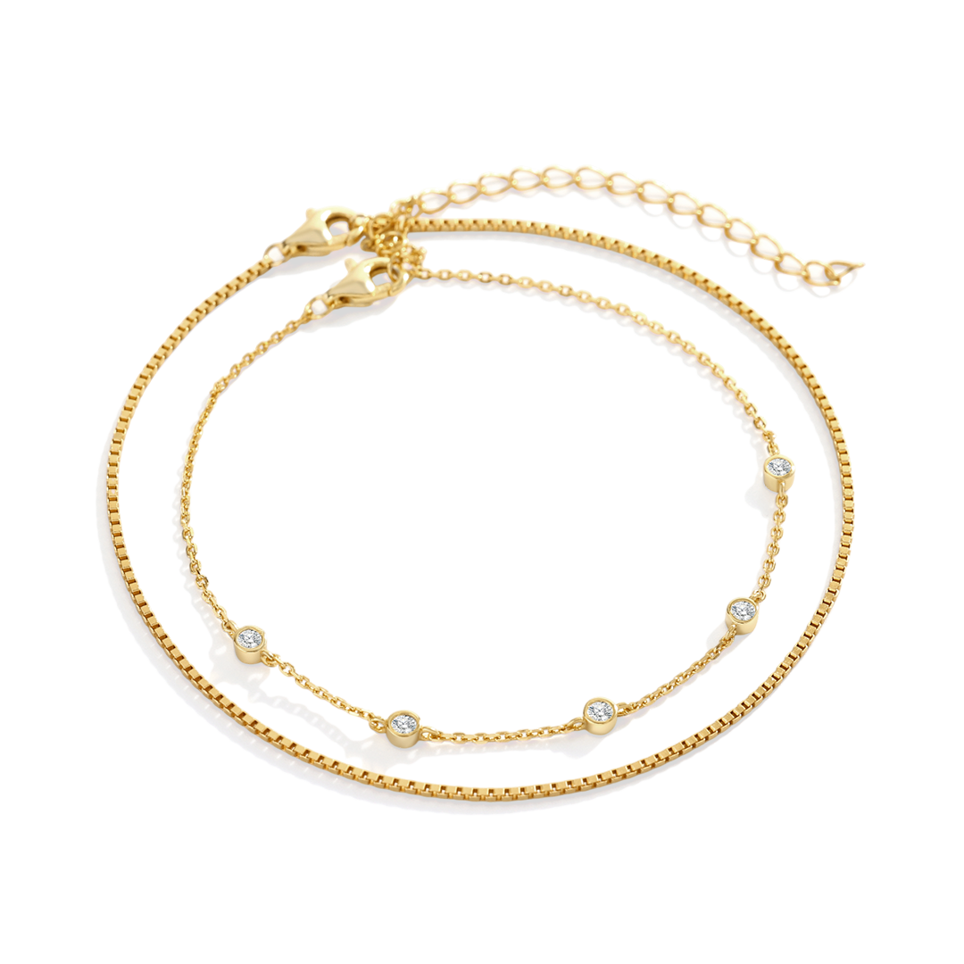 Bezel Set Diamond Bracelet and Box Chain Bracelet Stacking Set