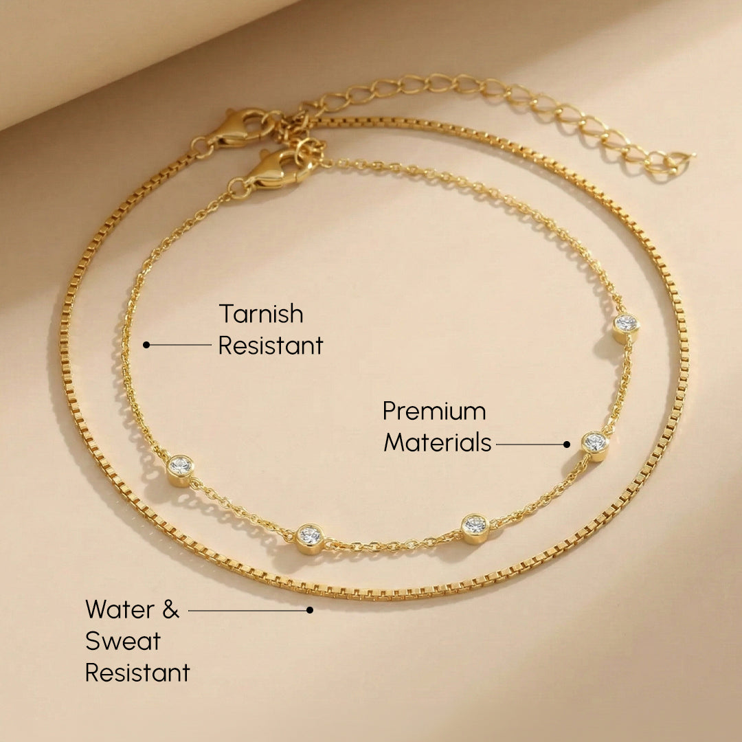 Gold bracelet with labeled features on a beige background