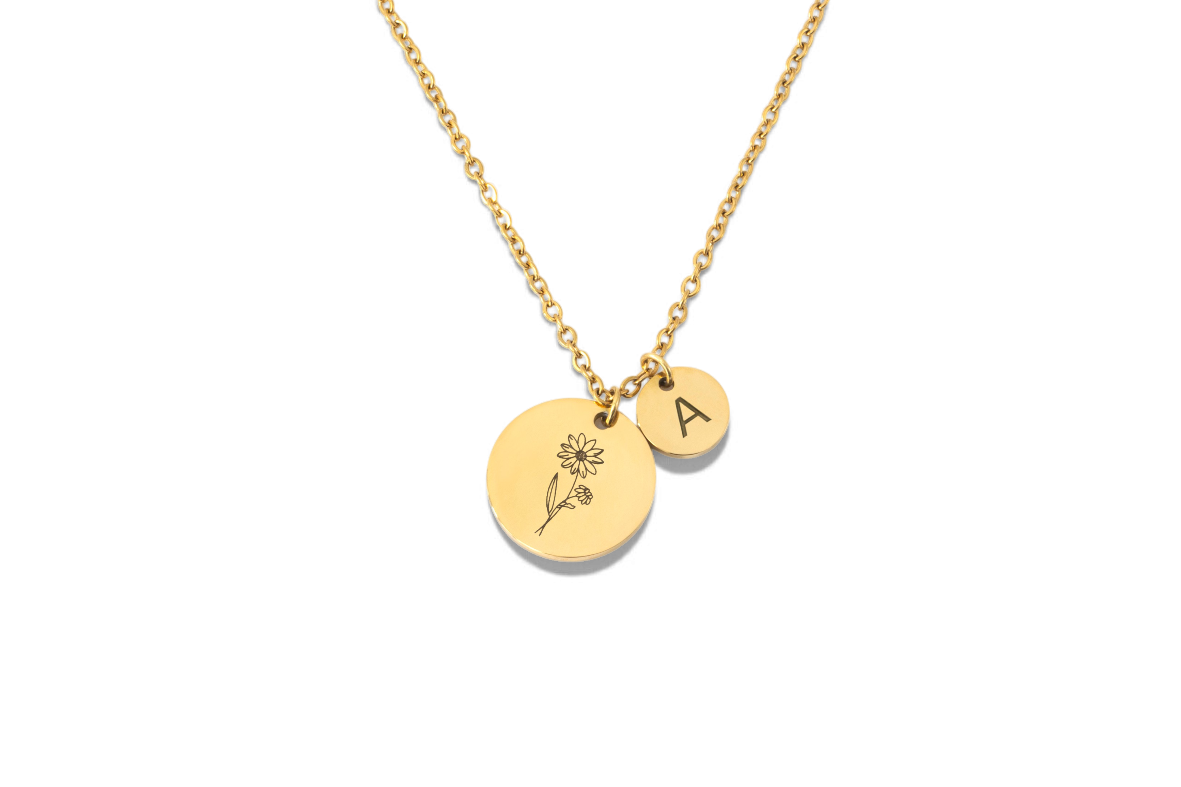 Birth Flower Initial Necklaces in gold and silver, each with an engraved birth flower disc and a small initial disc.