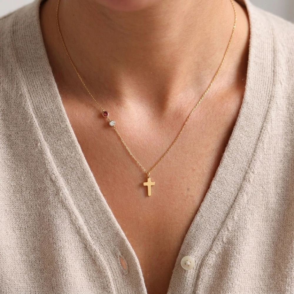 Birthstone Cross Necklace - Gold / 3 / 16" + 2"