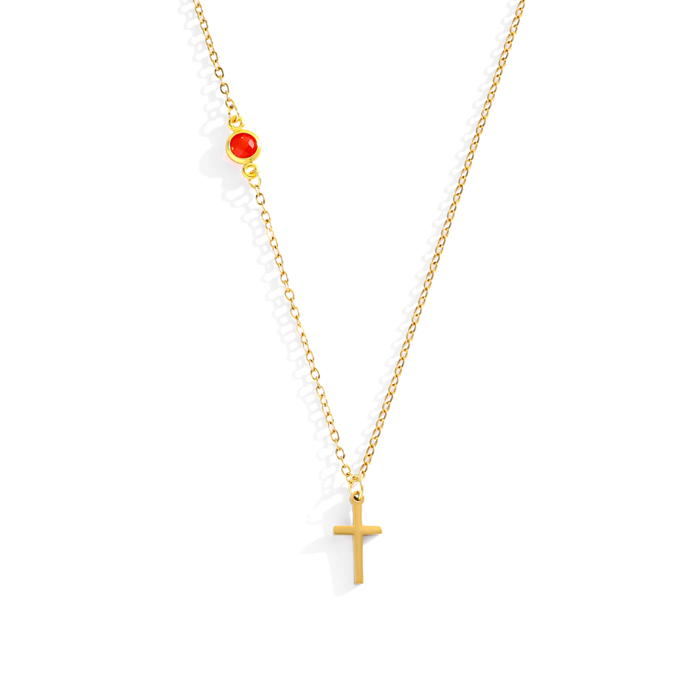 Birthstone Cross Necklace - Gold / 3 / 16" + 2"