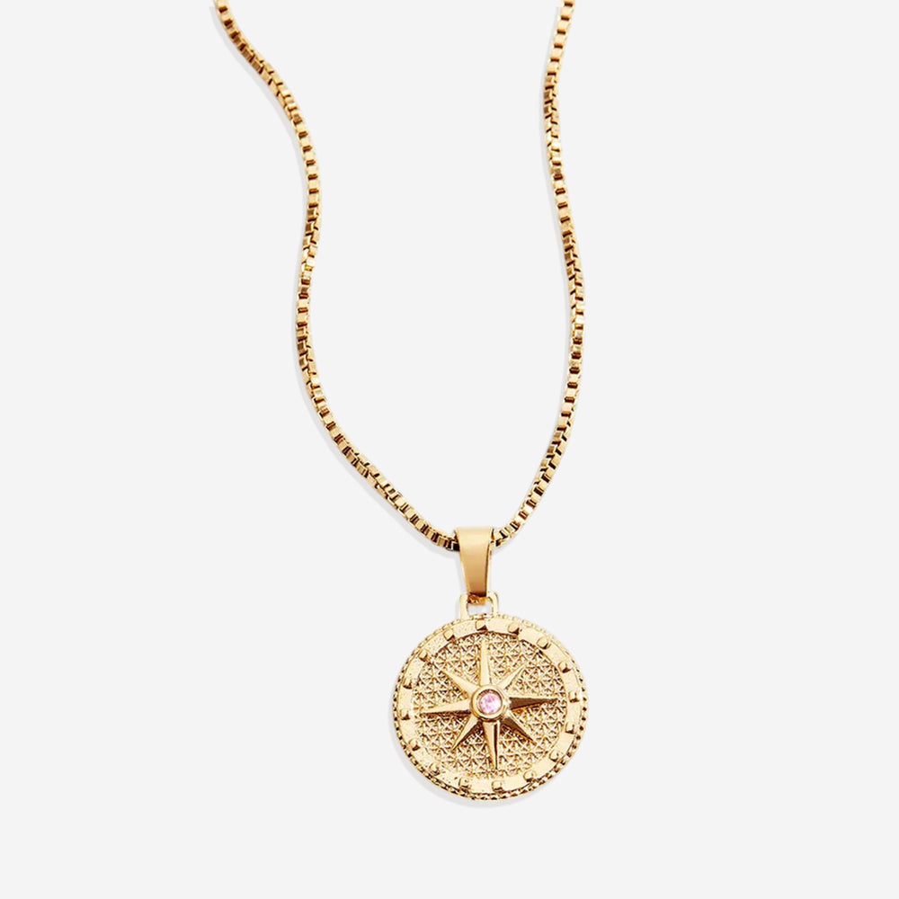 Birthstone Compass Pendant Necklace - October Pink Tourmaline / 19.5"